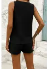 Kadın Askılı Kolsuz V Yakalı önden Düğmeli Bürümcük Bluz Ve Short Ikili Takım