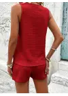 Kadın Askılı Kolsuz V Yakalı önden Düğmeli Bürümcük Bluz Ve Short Ikili Takım