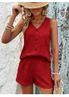 Kadın Askılı Kolsuz V Yakalı önden Düğmeli Bürümcük Bluz Ve Short Ikili Takım