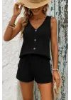 Kadın Askılı Kolsuz V Yakalı önden Düğmeli Bürümcük Bluz Ve Short Ikili Takım
