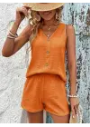 Kadın Askılı Kolsuz V Yakalı önden Düğmeli Bürümcük Bluz Ve Short Ikili Takım