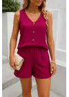 Kadın Askılı Kolsuz V Yakalı önden Düğmeli Bürümcük Bluz Ve Short Ikili Takım