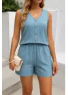 Kadın Askılı Kolsuz V Yakalı önden Düğmeli Bürümcük Bluz Ve Short Ikili Takım