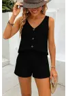 Kadın Askılı Kolsuz V Yakalı önden Düğmeli Bürümcük Bluz Ve Short Ikili Takım