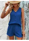 Kadın Askılı Kolsuz V Yakalı önden Düğmeli Bürümcük Bluz Ve Short Ikili Takım