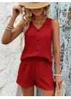 Kadın Askılı Kolsuz V Yakalı önden Düğmeli Bürümcük Bluz Ve Short Ikili Takım