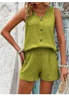 Kadın Askılı Kolsuz V Yakalı önden Düğmeli Bürümcük Bluz Ve Short Ikili Takım