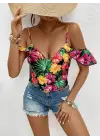 Omarı Çiçek Desenli Kadın Askılı Bluz