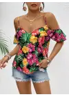 Kadın Askılı Omuzlardan Açık çiçek Baskılı Bluz