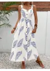 Kadın Askılı önden Düğmeli Yaprak Desenli Uzun Süprem Elbise