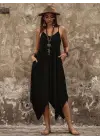 Kadın Askılı V Yakalı Cep Detaylı Asimetrik Kesim Detaylı Viskon Elbise