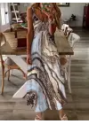 Kadın Askılı V Yakalı Desenlı Uzun Süprem Elbise