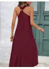 Kadın Askılı V Yakalı Halka Detaylı Maksi Boy Viskon Elbise