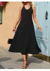 Kadın Askılı V Yakalı Halka Detaylı Maksi Boy Viskon Elbise
