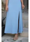 Kadın Askılı V Yakalı Yırtmaçlı Uzun Viskon Elbise