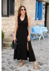 Kadın Askılı V Yakalı Yırtmaçlı Viskon Elbise