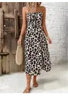 Kadın Askılı Yakadan Bağcıklı Yırtmaçlı Leopar Desenli Midi Süprem Elbise