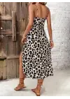 Kadın Askılı Yakadan Bağcıklı Yırtmaçlı Leopar Desenli Midi Süprem Elbise