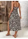Omarı Leopar Desenli Askılı Midi Elbise