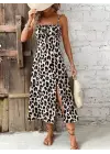 Omarı Leopar Desenli Askılı Midi Elbise