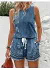 Kadın Askılı Yuvarlak Yaka çiçek Baskılı Süprme Bluz Ve Short Ikili Takım