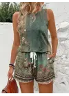Kadın Askılı Yuvarlak Yaka çiçek Baskılı Süprme Bluz Ve Short Ikili Takım