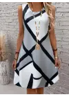 Kadın Askılı Yuvarlak Yaka Geometrik Desenli Kısa Süprem Elbise