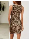 Kadın Askılı Yuvarlak Yaka Leopar Desenli Süprem Elbise