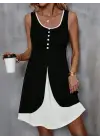 Kadın Askılı Yuvarlak Yaka önden Düğmeli çift Renkli Viskon Elbise