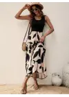 Kadın Askılı Yuvarlak Yaka üst Viskon Alt Desenli Uzun Süprem Elbise