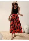 Kadın Askılı Yuvarlak Yaka üst Viskon Alt Desenli Uzun Süprem Elbise