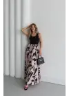 Kadın Askılı Yuvarlak Yaka üst Viskon Alt Desenli Uzun Süprem Elbise