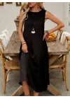 Kadın Askılı Yuvarlak Yakalı Kıloş Cepli Uzun Elbise