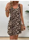 Kadın Askılı Yuvarlak Yakalı Kısa Leopar Desenli Süprem Elbise