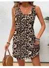 Kadın Askılı Yuvarlak Yakalı Kısa Leopar Desenli Süprem Elbise
