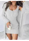 Kadın Askılı Yuvarlak Yakalı önü Düğmeli şardonlu Kaşkorse Mini Elbise Ve Kısa Ceket