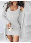 Kadın Askılı Yuvarlak Yakalı önü Düğmeli şardonlu Kaşkorse Mini Elbise Ve Kısa Ceket