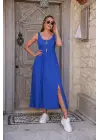 Kadın Askılı Yuvarlak Yakalı Yandan Yırtmaçlı Uzun Viskon Elbise