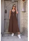 Kadın Askılı Yuvarlak Yakalı Yandan Yırtmaçlı Uzun Viskon Elbise