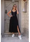 Kadın Askılı Yuvarlak Yakalı Yandan Yırtmaçlı Uzun Viskon Elbise