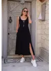 Kadın Askılı Yuvarlak Yakalı Yandan Yırtmaçlı Uzun Viskon Elbise