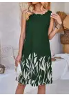 Kadın Askılı Yuvarlak Yakalı Yaprak Desenli Dalgıç Elbise