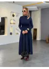 Kadın Balıkçı Yaka Damla Detaylı Yırtmaçlı Uzun Viskon Iki Iplik Maxi Elbise