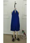 Kadın Balıkçı Yaka Omuzlardan Açık Pılelı Kısa Janjan Krep Elbise