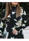 Omarı Çiçek Desenli Kadın Uzun Kollu Elbise