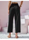 Kadın Bel Büzgü Ve Düğme Detay Kapri Keten Pantolon