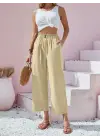 Kadın Bel Büzgü Ve Düğme Detay Kapri Keten Pantolon