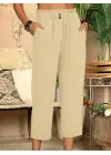 Omarı Kadın Bel Büzgü ve Düğme Detaylı Keten Kapri Pantolon