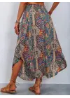 Kadın Beli Lastikli Bağcıklı Asimetrik Kesim Detaylı Desenli Bürümcük Etek