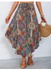 Kadın Beli Lastikli Bağcıklı Asimetrik Kesim Detaylı Desenli Bürümcük Etek